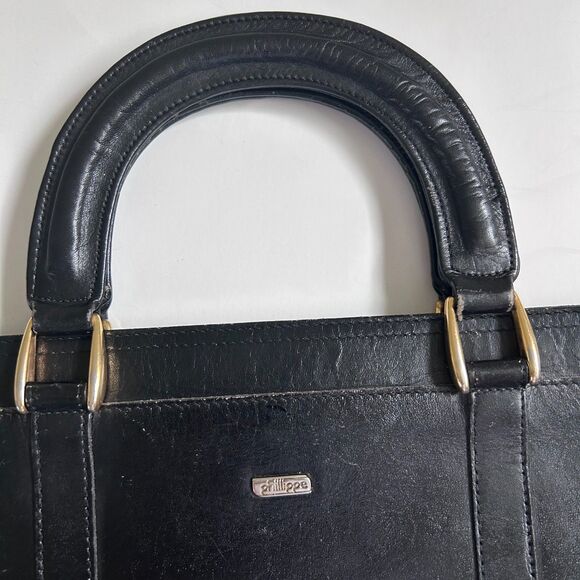 Vintage Phillippe Black Leather Structured Tote Bag H11"x W14.75" - Picture 7 of 9